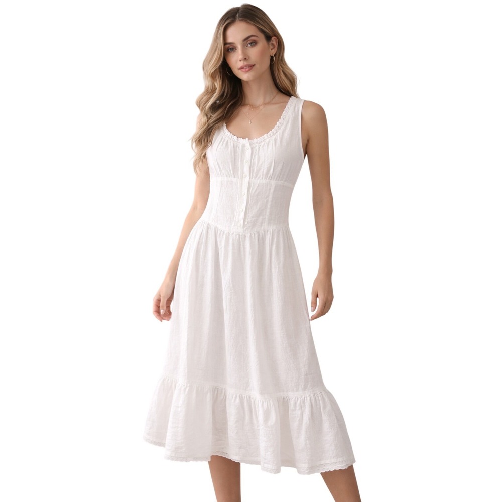 Morgan City Vintage White Eyelet Lace Prairie Midi Dress Womens Medium USA Made
